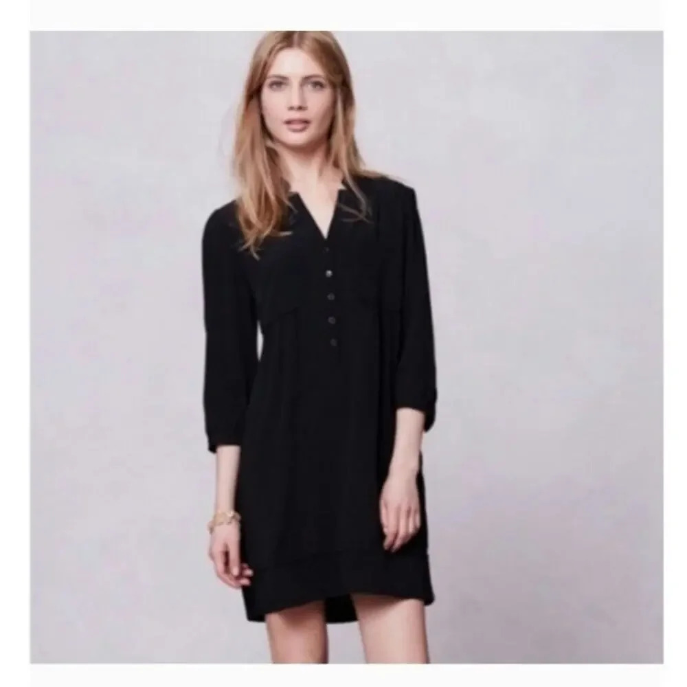 Anthropologie Maeve Black Taryn Crepe 3/4 Sleeve Shift Dress